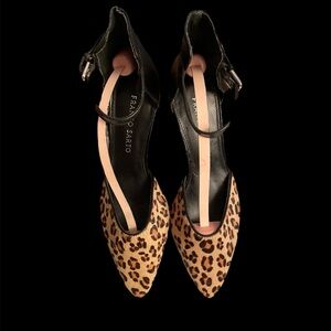 Franco Sarto Leopard Pointed Toe Ankle Strap 3” Heels  - Black & Brown S/6